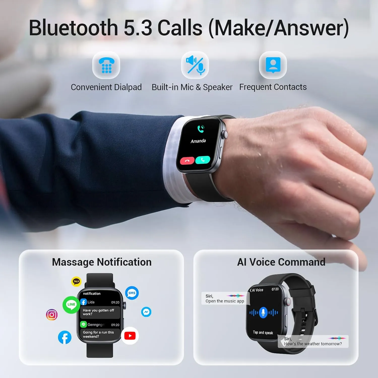 Battery, 3ATM Waterproof - Black Smart Watches for Men Android iPhone, [1.99" Amoled Screen] Fitness Tracker Smartwatch with Bluetooth Calls, AI Control, Heart Rate/SpO2/Sleep racket nurture Monitor, 12 Days 