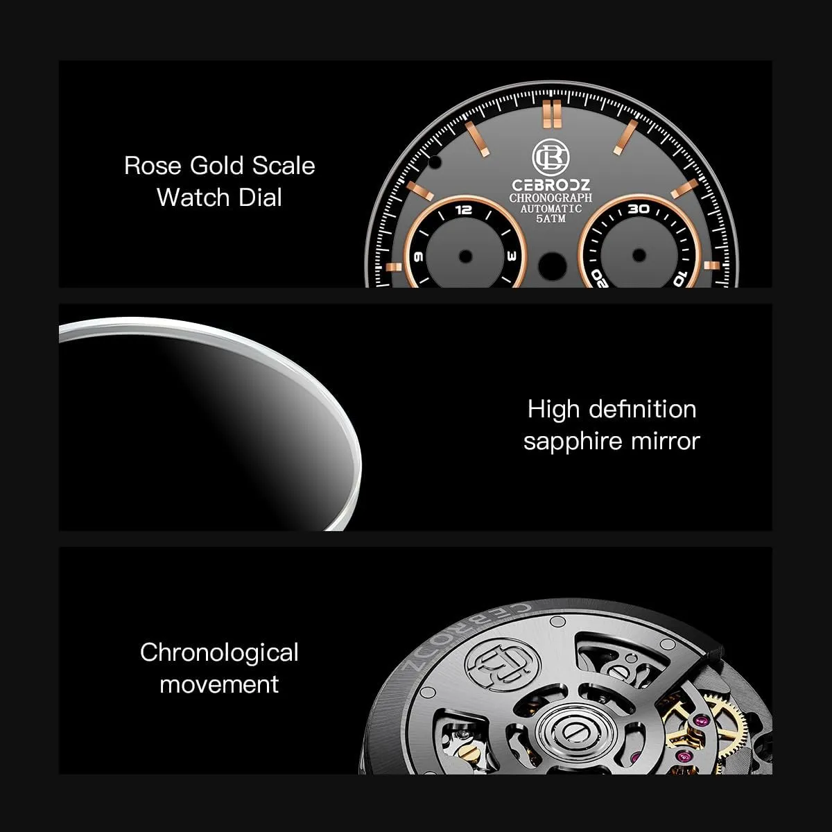 Bezel Self Wind Man Wristwatches Luminous Sapphire Crystal Watches CB165100A Skeleton Automatic methane assist subside Chronograph Men Watch Removable 