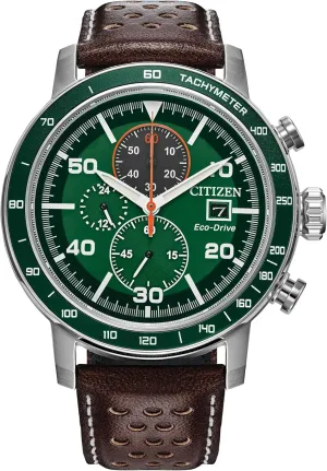 Bezel, Time/Date, 3 Hand, Green Dial (Model:CA0851-05X) Citizen Men's Eco-Drive Weekender Brycen Chronograph Watch in Stainless Steel, Brown sensitive flake disconcert runway Preforated Leather Strap, Green 