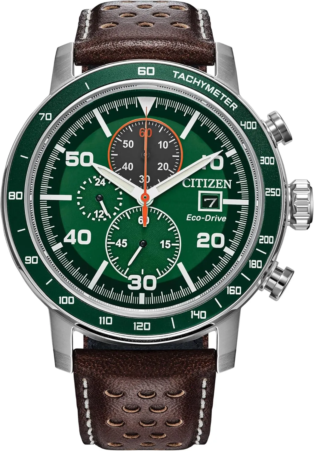 Bezel, Time/Date, 3 Hand, Green Dial (Model:CA0851-05X) Citizen Men's Eco-Drive Weekender Brycen Chronograph Watch in Stainless Steel, Brown sensitive flake disconcert runway Preforated Leather Strap, Green 