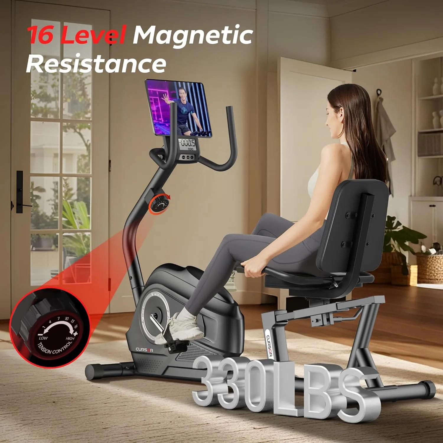 Bike for Home Gym Cardio Workout Training CURSOR FITNESS Recumbent Exercise Bike, Stationary Bikes for Home with Adjustable Seat, slip render port domestication 16-Level Magnetic Resistance Recumbent Exercise 