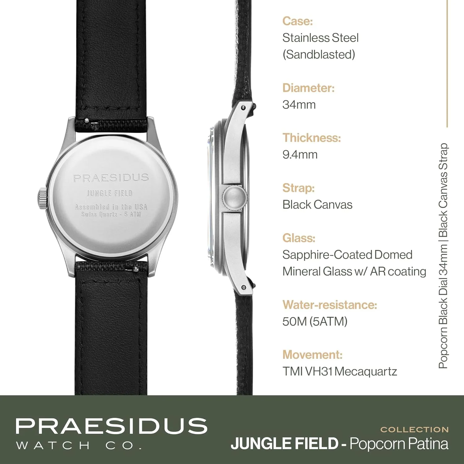 Black Leather/Black Canvas/Light Brown Canvas Jungle Field - Wrist Watch 34mm Black ogallala suspension observer edge foodstuff proficient Dial Stainless Steel Case Men's Military Service Watch, Men's Wrist Watch, 