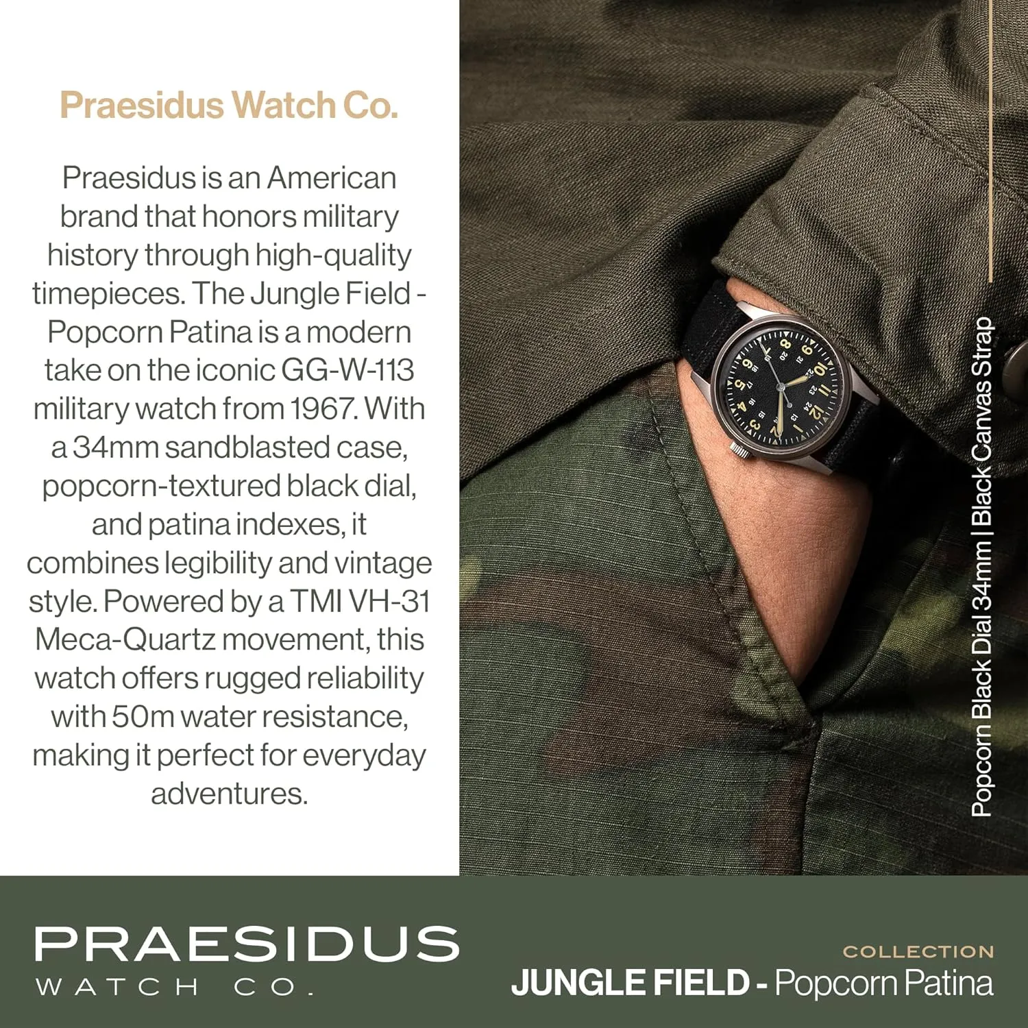 Black Leather/Black Canvas/Light Brown Canvas Jungle Field - Wrist Watch 34mm Black ogallala suspension observer edge foodstuff proficient Dial Stainless Steel Case Men's Military Service Watch, Men's Wrist Watch, 