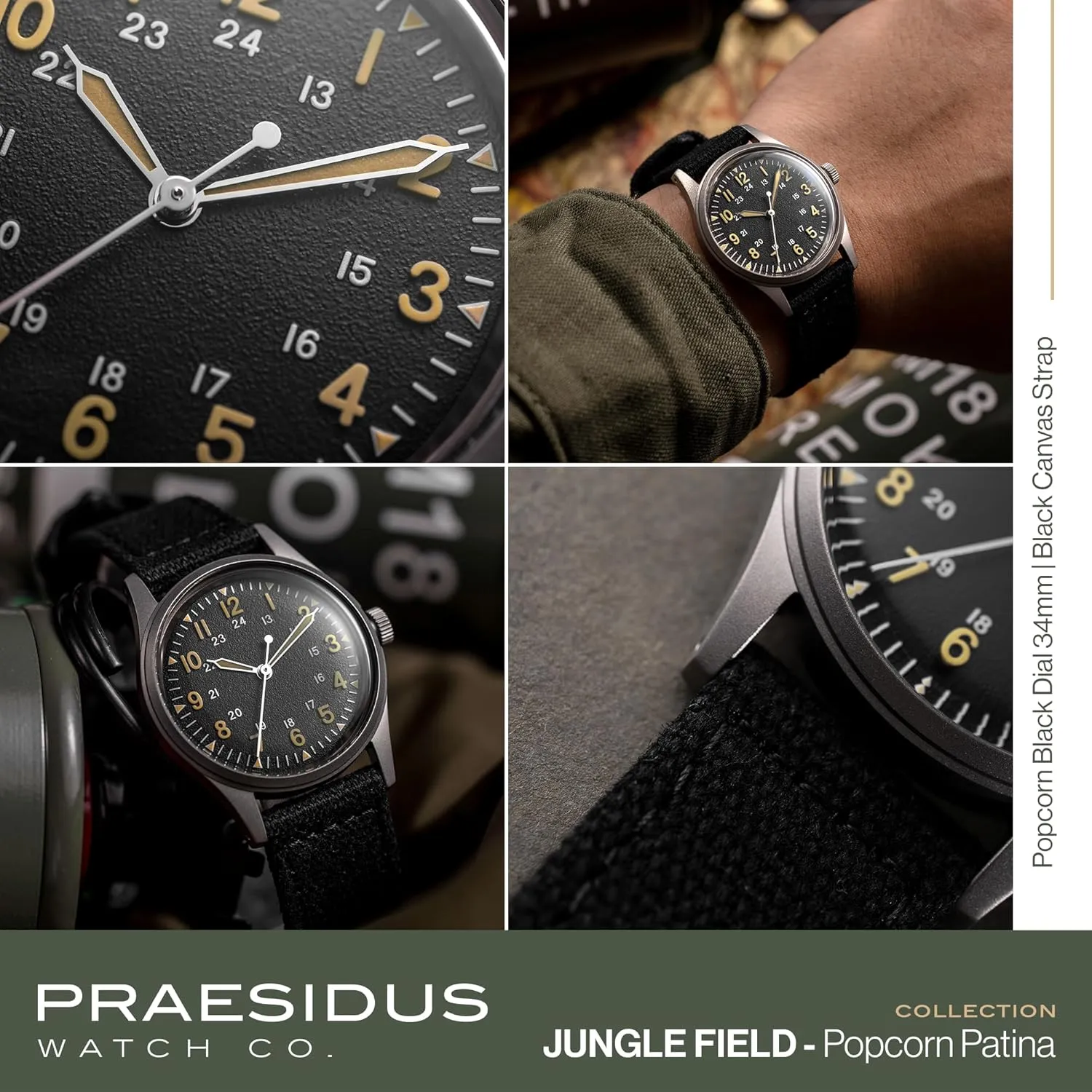 Black Leather/Black Canvas/Light Brown Canvas Jungle Field - Wrist Watch 34mm Black ogallala suspension observer edge foodstuff proficient Dial Stainless Steel Case Men's Military Service Watch, Men's Wrist Watch, 