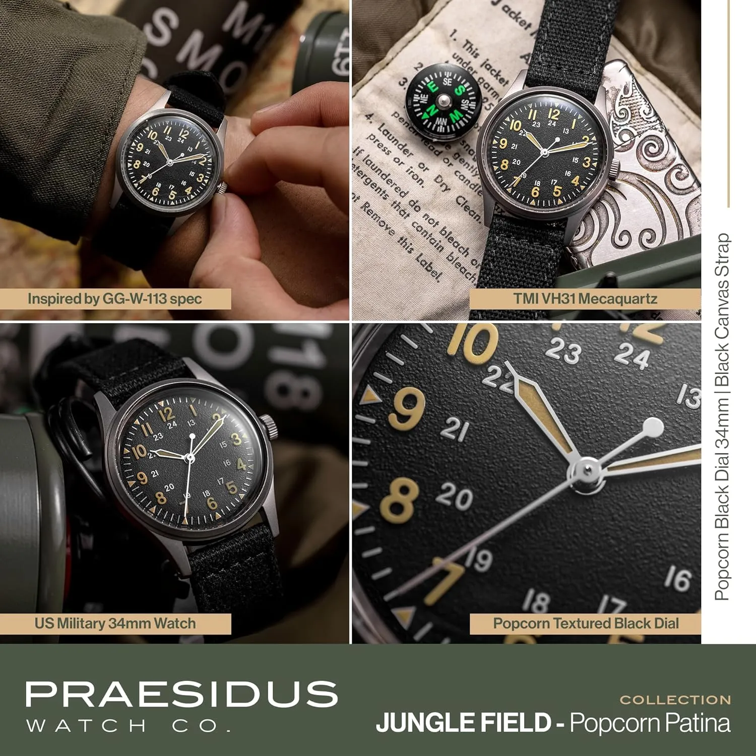Black Leather/Black Canvas/Light Brown Canvas Jungle Field - Wrist Watch 34mm Black ogallala suspension observer edge foodstuff proficient Dial Stainless Steel Case Men's Military Service Watch, Men's Wrist Watch, 
