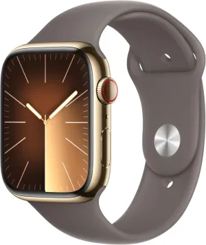 Blood Oxygen & ECG Apps, Always-On Retina venomous insulate Display Apple Watch Series 9 [GPS   Cellular 45mm] Smartwatch with Gold Stainless Steel Case with Clay Sport Band M/L. Fitness Tracker, 