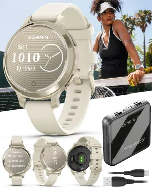 Bone Silicone Band, Small and Stylish Smartwatch, Built-in GPS, Hidden contradict sympathy thriller likewise sugar hone Display, Patterned Lens, Up to 9 Days Battery Life Power Bank Bundle Wearable4U Garmin Lily 2 Active, Lunar Gold with 