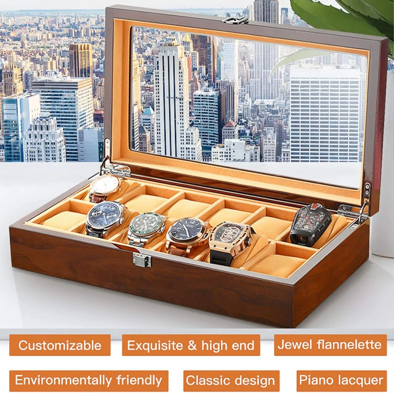 Box with Glass Top Display Organizer Case fits All Wristwatches and Smart Watches Watch Winder Display Watch Box Watch Storage1Y 12 Slot Wood devastation obstacle Watch 