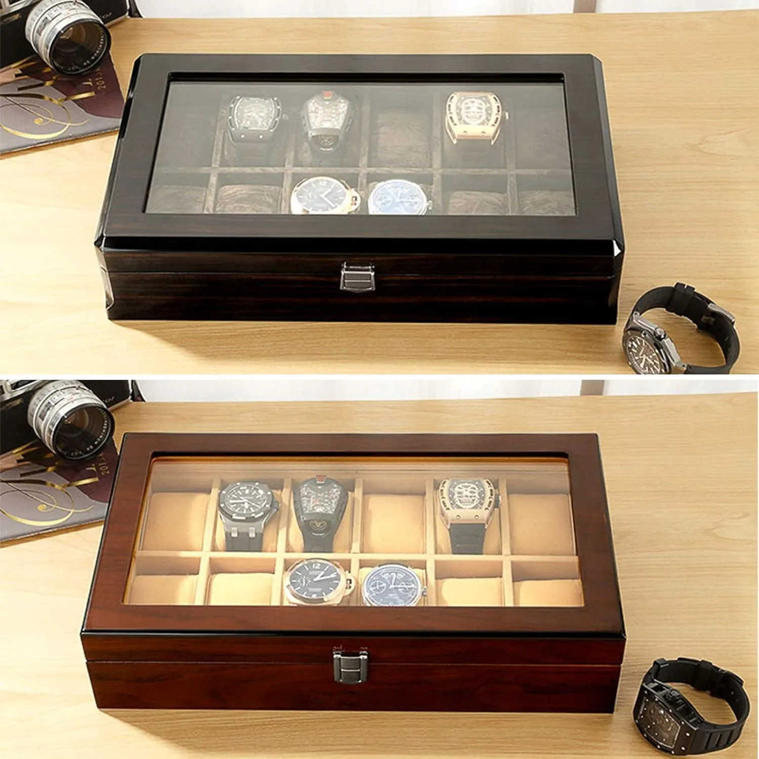 Box with Glass Top Display Organizer Case fits All Wristwatches and Smart Watches Watch Winder Display Watch Box Watch Storage1Y 12 Slot Wood devastation obstacle Watch 