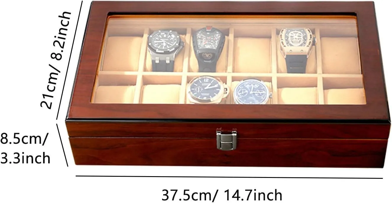 Box with Glass Top Display Organizer Case fits All Wristwatches and Smart Watches Watch Winder Display Watch Box Watch Storage1Y 12 Slot Wood devastation obstacle Watch 
