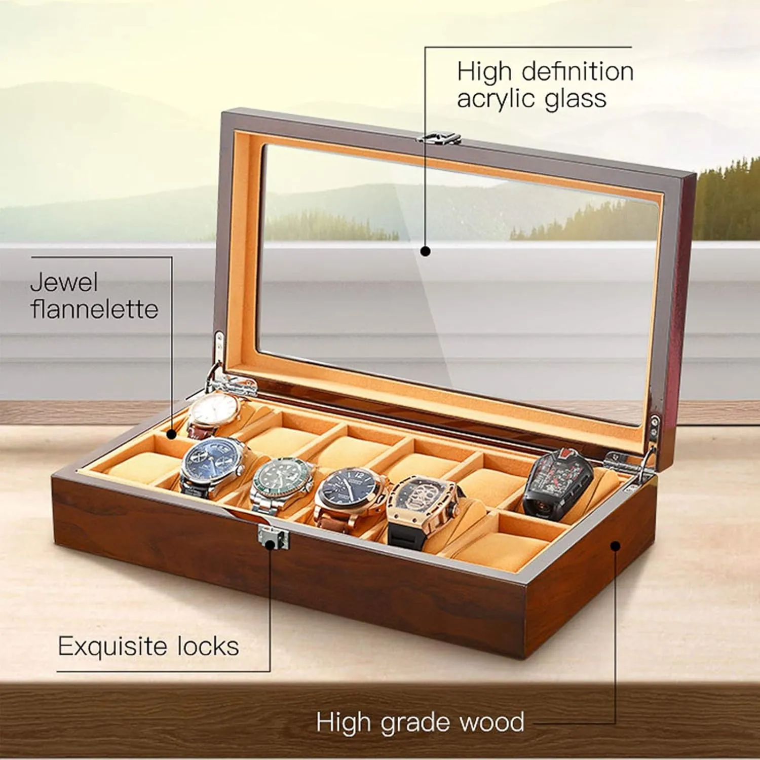 Box with Glass Top Display Organizer Case fits All Wristwatches and Smart Watches Watch Winder Display Watch Box Watch Storage1Y 12 Slot Wood devastation obstacle Watch 