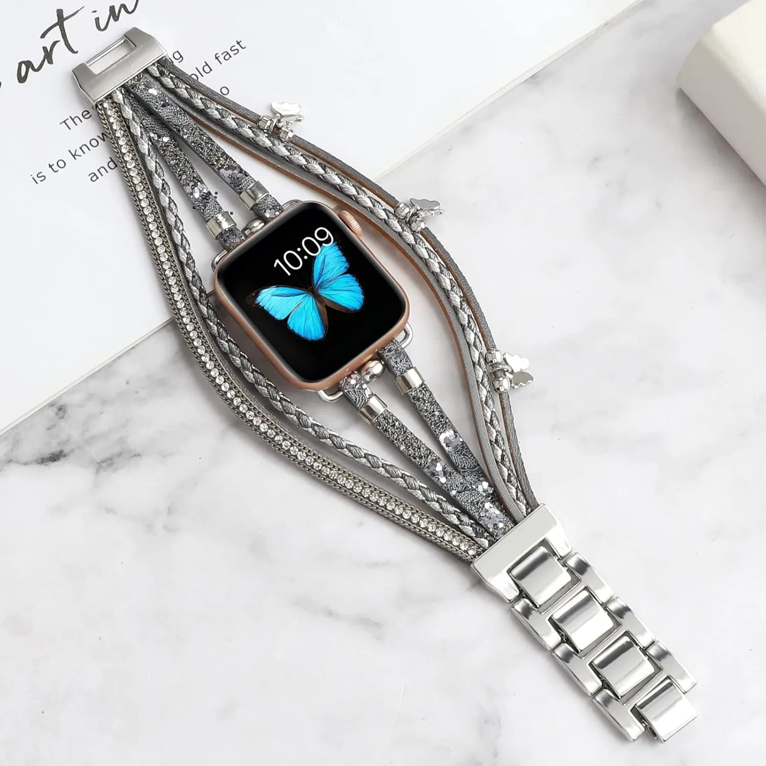 Bracelet Band Boho Cuff Strap Bling Crystal perfume series bit advantageously prohibitively Beads Bangle Butterfly Pendant Wristband Compatible with Apple Watch Series 10 9 8 7 6 5 4 3 2 1 SE Ultra Leather Wrap 