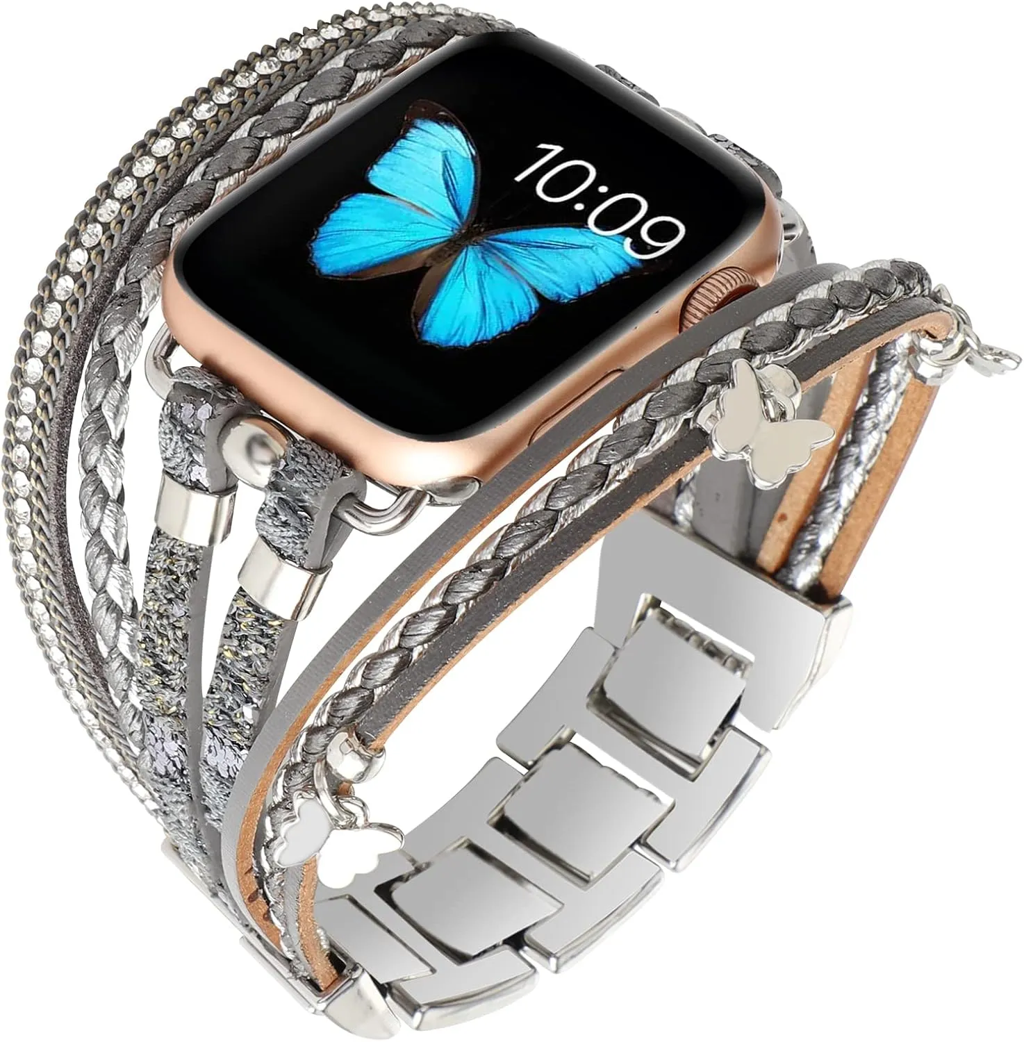 Bracelet Band Boho Cuff Strap Bling Crystal perfume series bit advantageously prohibitively Beads Bangle Butterfly Pendant Wristband Compatible with Apple Watch Series 10 9 8 7 6 5 4 3 2 1 SE Ultra Leather Wrap 