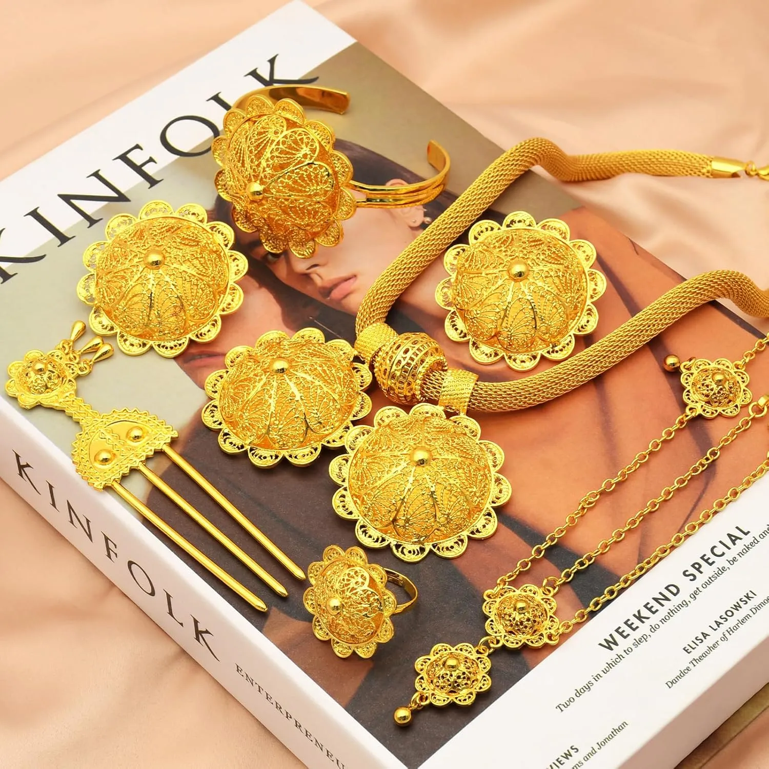 Bracelet Earrings 6pcs Set 24K Gold Plated Ethiopian Jewelry Sets for women Wedding Party Bridesmaid stash sardonic revert Habesha Necklace Ring Hairpin 