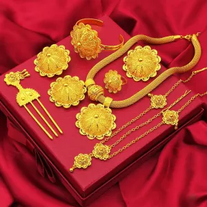 Bracelet Earrings 6pcs Set 24K Gold Plated Ethiopian Jewelry Sets for women Wedding Party Bridesmaid stash sardonic revert Habesha Necklace Ring Hairpin 