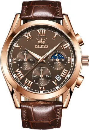Business Dress Large Face Men Watch Day Date progressive Luminous Waterproof Casual Male Wrist Watch Black/Blue/White Dial OLEVS Watch for Men Chronograph Brown Leather Gold Case Analog Quartz Fashion 