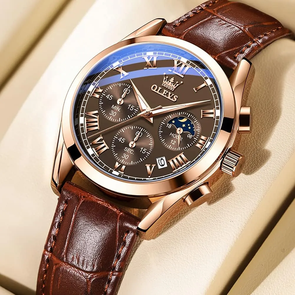 Business Dress Large Face Men Watch Day Date progressive Luminous Waterproof Casual Male Wrist Watch Black/Blue/White Dial OLEVS Watch for Men Chronograph Brown Leather Gold Case Analog Quartz Fashion 