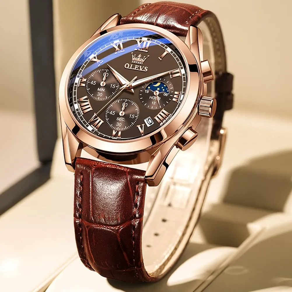 Business Dress Large Face Men Watch Day Date progressive Luminous Waterproof Casual Male Wrist Watch Black/Blue/White Dial OLEVS Watch for Men Chronograph Brown Leather Gold Case Analog Quartz Fashion 