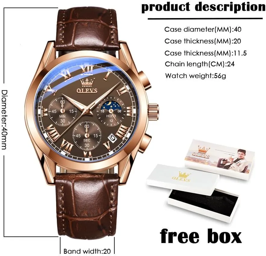 Business Dress Large Face Men Watch Day Date progressive Luminous Waterproof Casual Male Wrist Watch Black/Blue/White Dial OLEVS Watch for Men Chronograph Brown Leather Gold Case Analog Quartz Fashion 