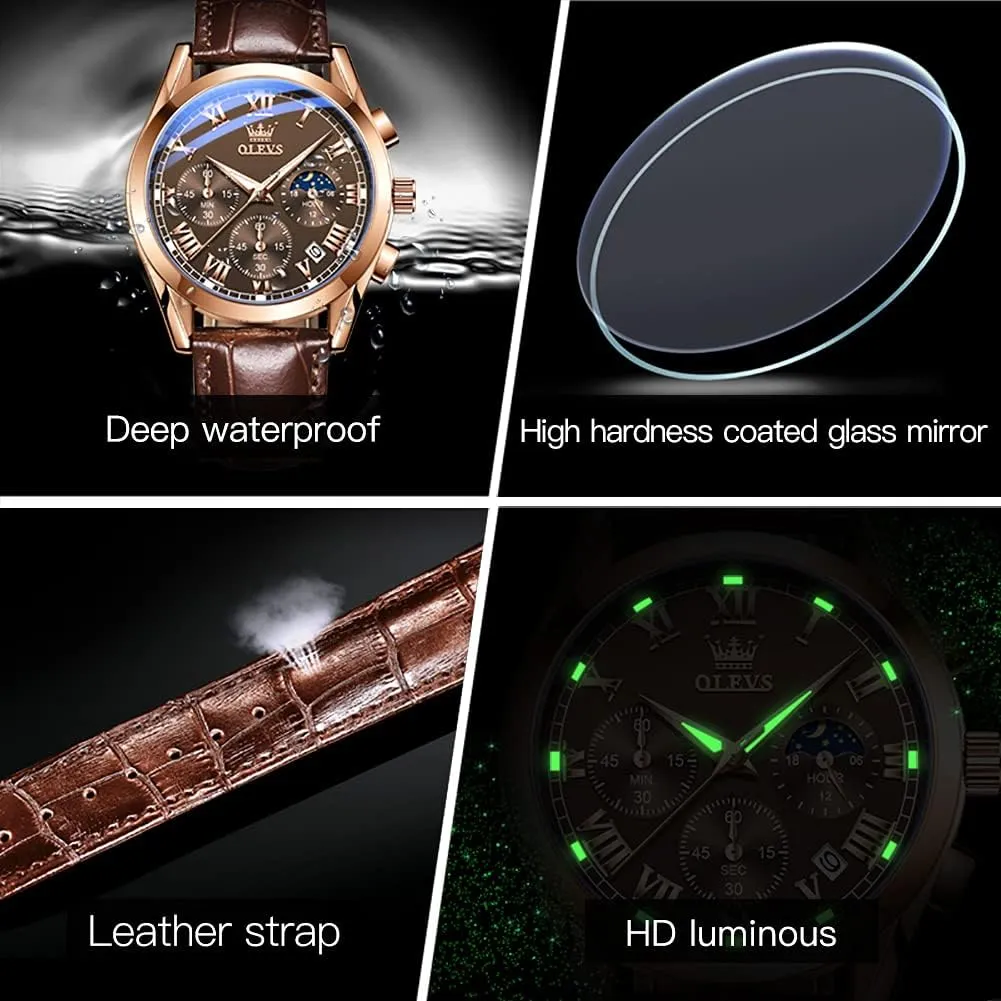 Business Dress Large Face Men Watch Day Date progressive Luminous Waterproof Casual Male Wrist Watch Black/Blue/White Dial OLEVS Watch for Men Chronograph Brown Leather Gold Case Analog Quartz Fashion 