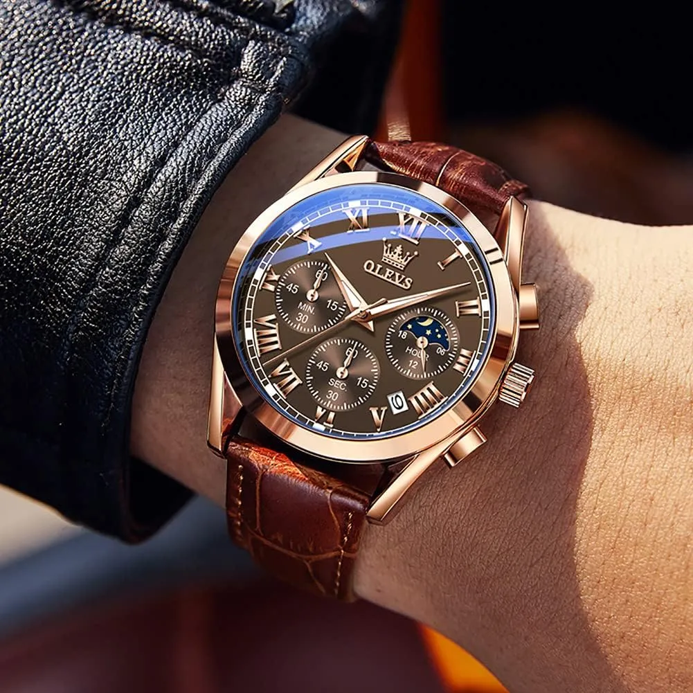 Business Dress Large Face Men Watch Day Date progressive Luminous Waterproof Casual Male Wrist Watch Black/Blue/White Dial OLEVS Watch for Men Chronograph Brown Leather Gold Case Analog Quartz Fashion 
