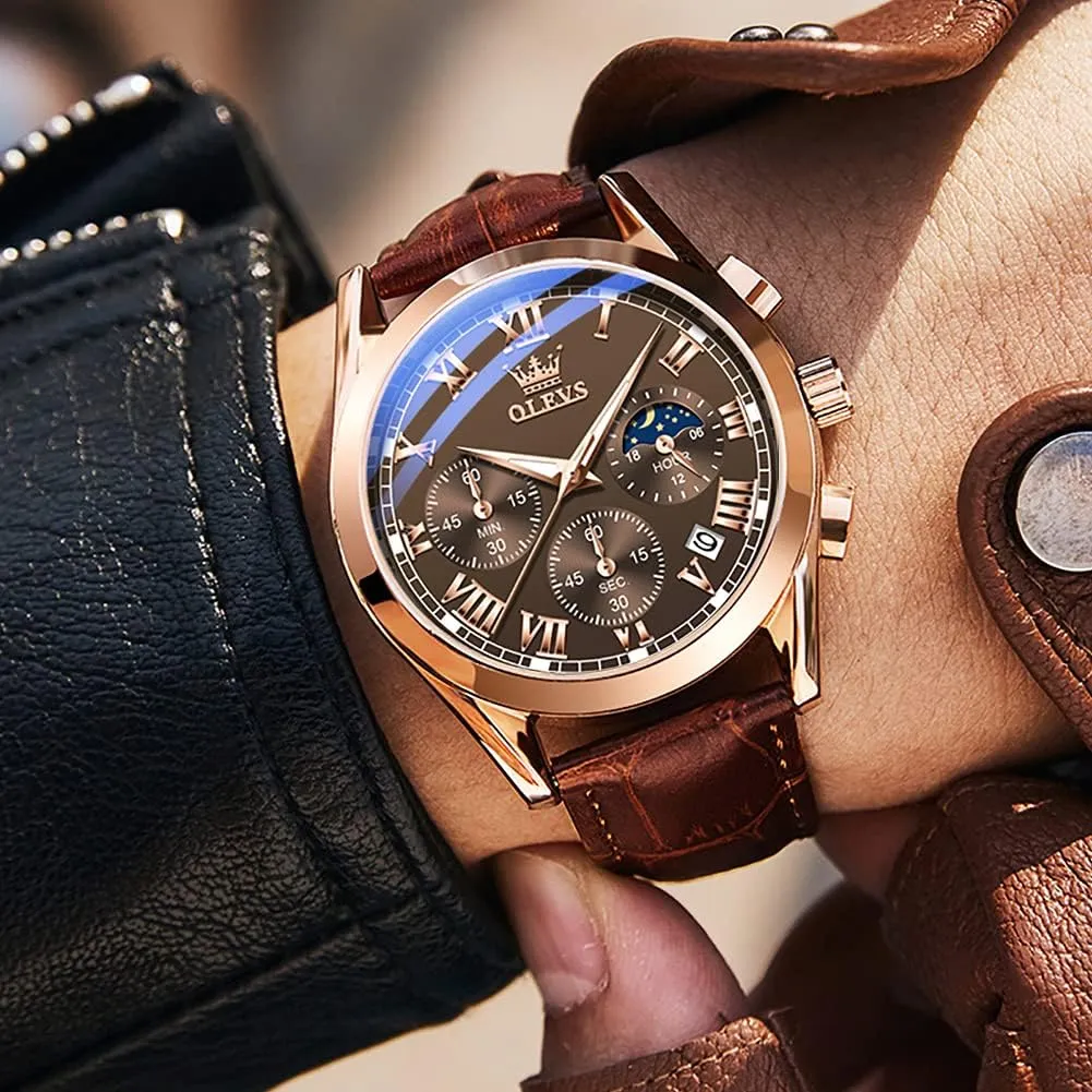 Business Dress Large Face Men Watch Day Date progressive Luminous Waterproof Casual Male Wrist Watch Black/Blue/White Dial OLEVS Watch for Men Chronograph Brown Leather Gold Case Analog Quartz Fashion 