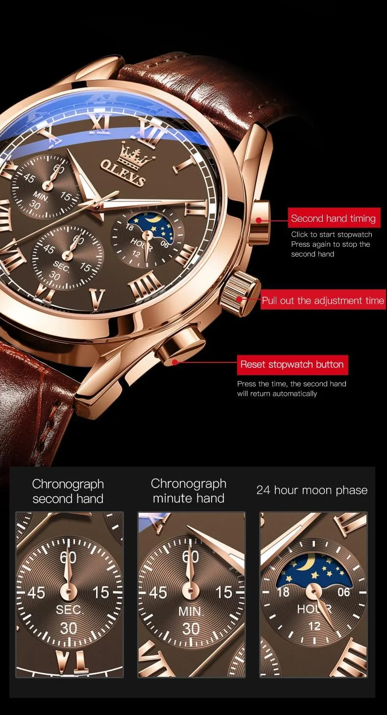 Business Dress Large Face Men Watch Day Date progressive Luminous Waterproof Casual Male Wrist Watch Black/Blue/White Dial OLEVS Watch for Men Chronograph Brown Leather Gold Case Analog Quartz Fashion 