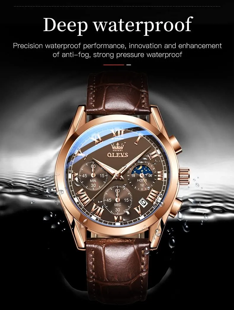 Business Dress Large Face Men Watch Day Date progressive Luminous Waterproof Casual Male Wrist Watch Black/Blue/White Dial OLEVS Watch for Men Chronograph Brown Leather Gold Case Analog Quartz Fashion 