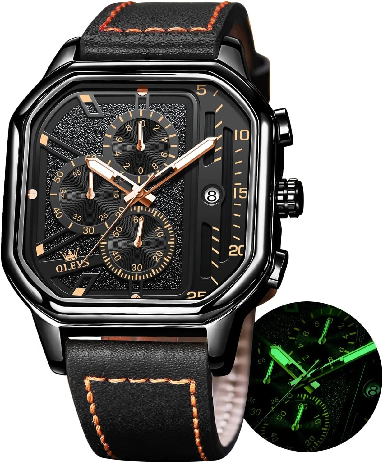 Business Watch Luminous Waterproof insight Casual Wrist Watches OLEVS Square Watches for Men Brown Leather Chronograph Fashion 