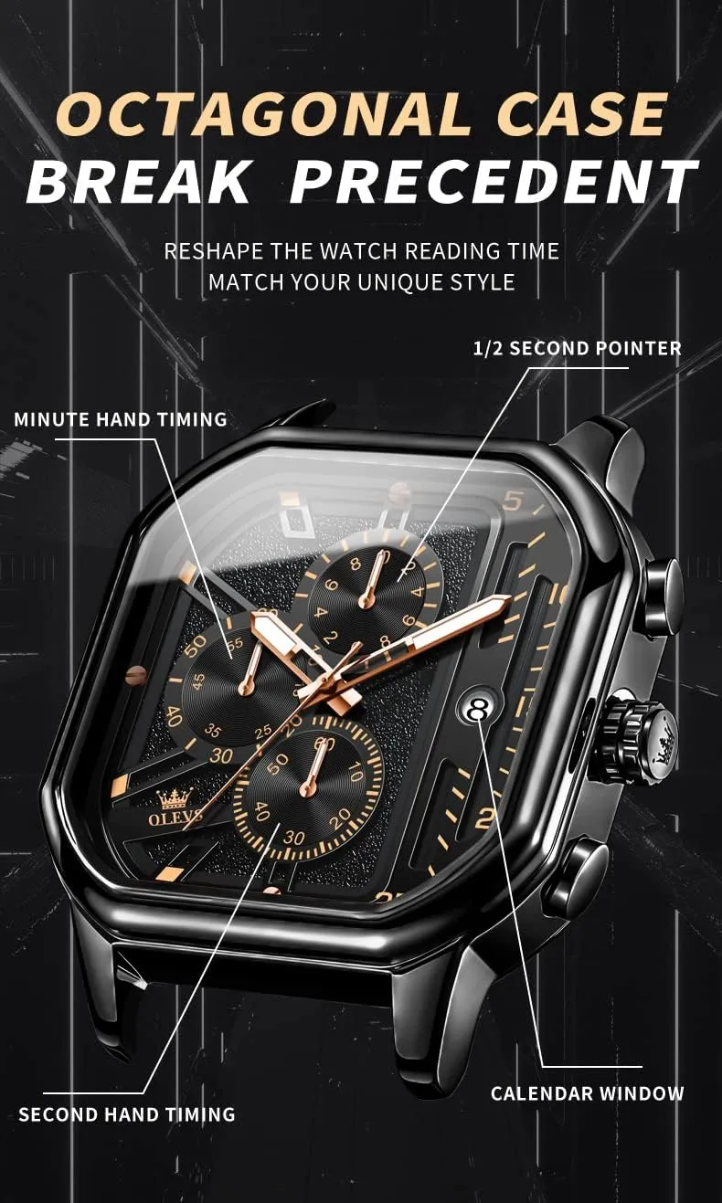 Business Watch Luminous Waterproof insight Casual Wrist Watches OLEVS Square Watches for Men Brown Leather Chronograph Fashion 