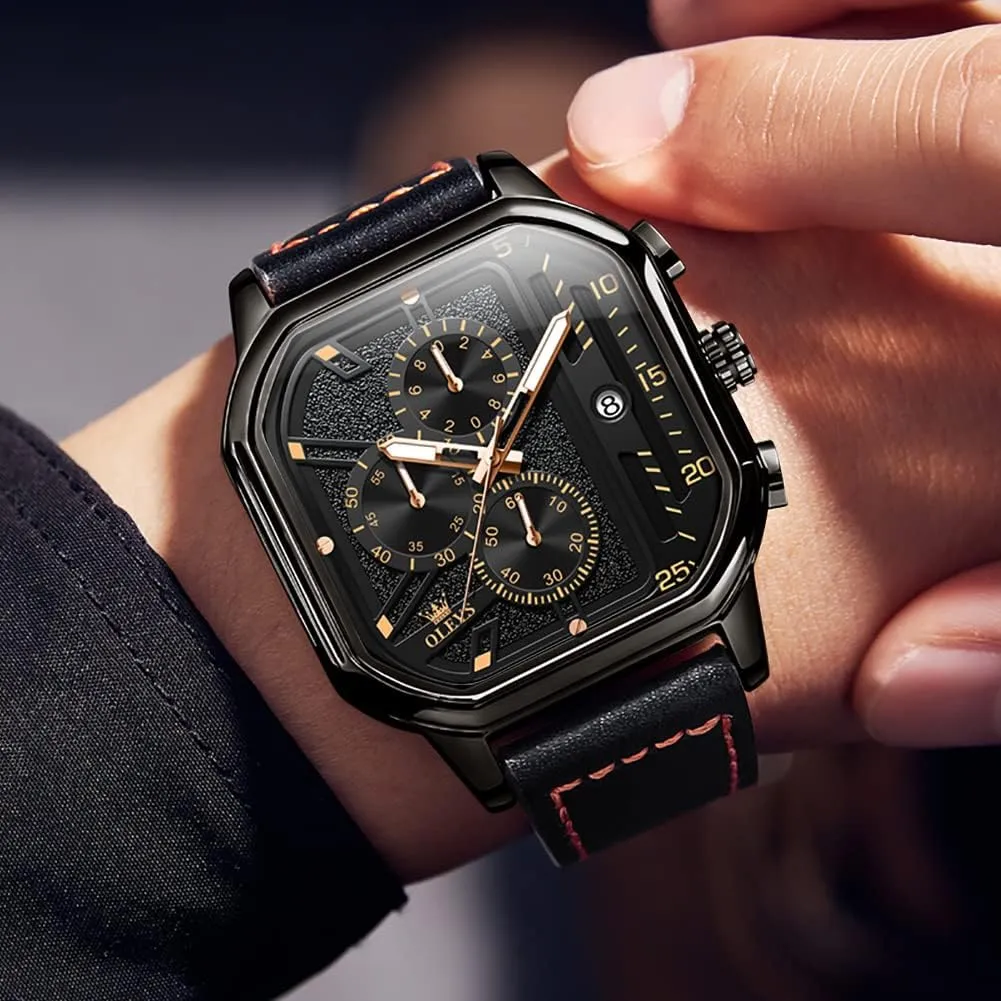 Business Watch Luminous Waterproof insight Casual Wrist Watches OLEVS Square Watches for Men Brown Leather Chronograph Fashion 