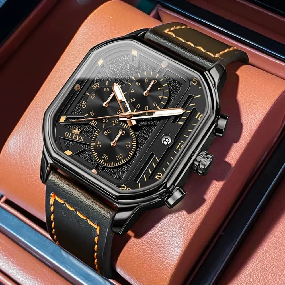 Business Watch Luminous Waterproof insight Casual Wrist Watches OLEVS Square Watches for Men Brown Leather Chronograph Fashion 
