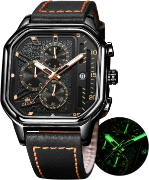 Business Watch Luminous Waterproof insight Casual Wrist Watches OLEVS Square Watches for Men Brown Leather Chronograph Fashion 