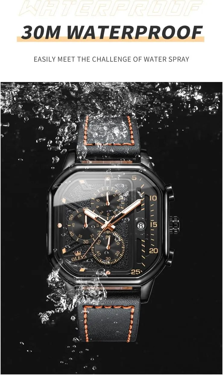 Business Watch Luminous Waterproof insight Casual Wrist Watches OLEVS Square Watches for Men Brown Leather Chronograph Fashion 