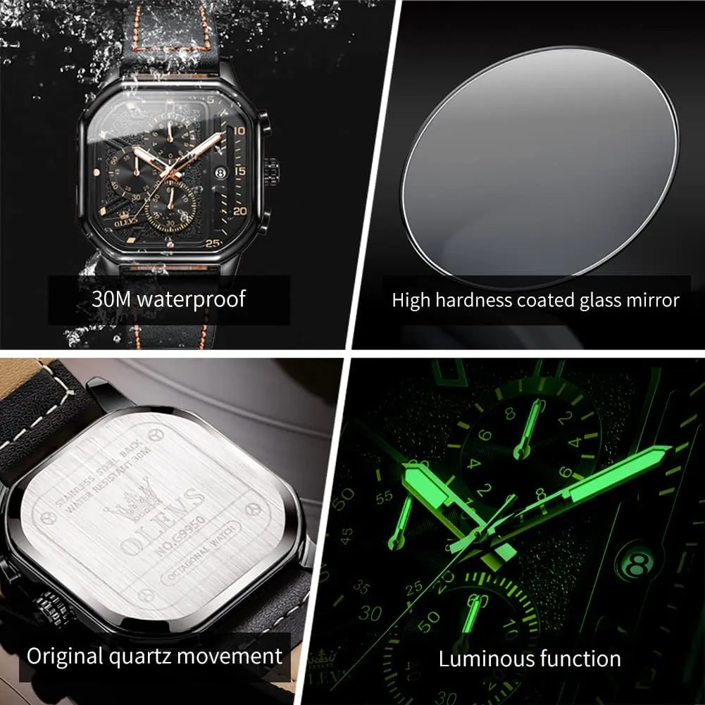 Business Watch Luminous Waterproof insight Casual Wrist Watches OLEVS Square Watches for Men Brown Leather Chronograph Fashion 
