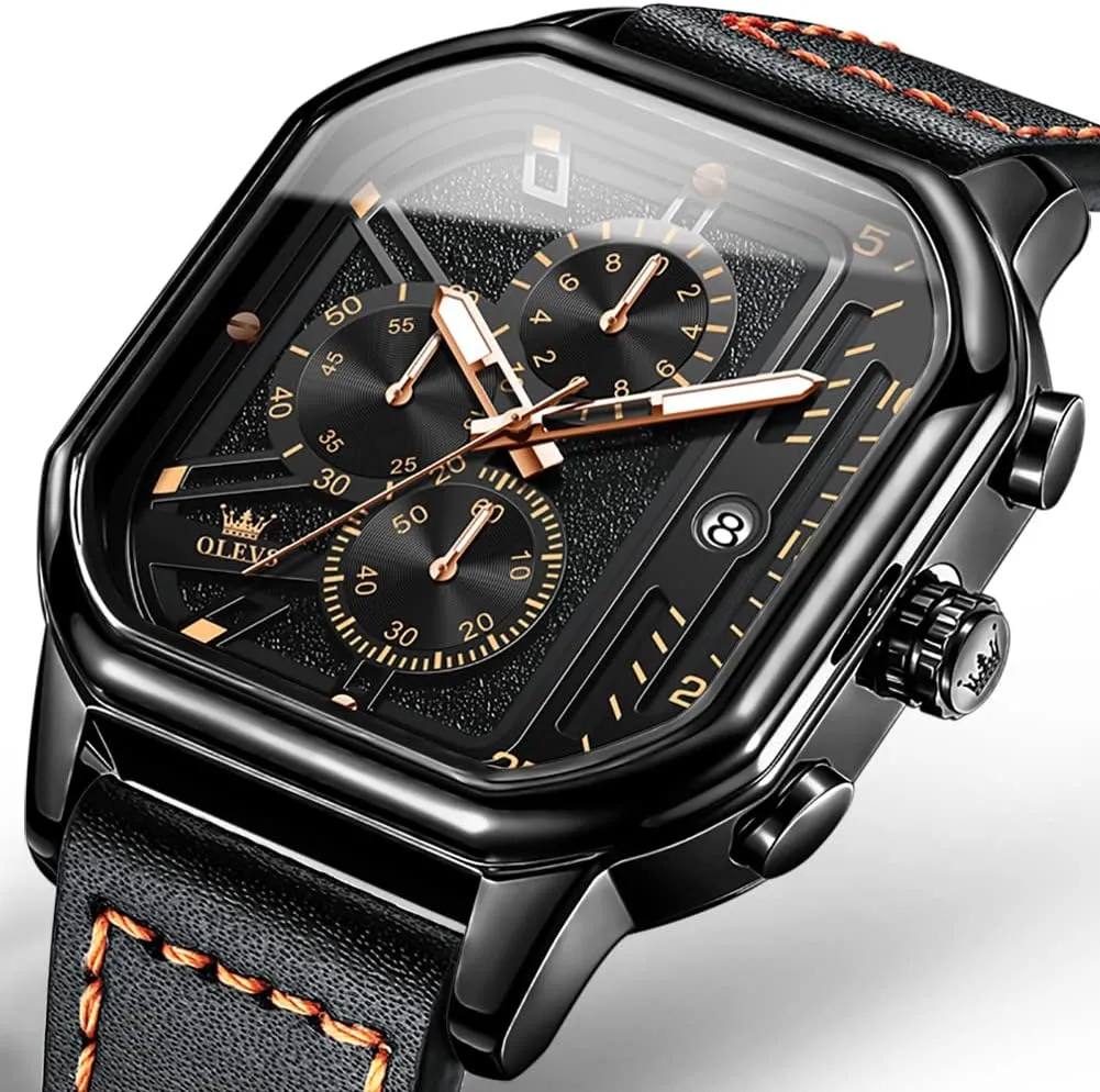 Business Watch Luminous Waterproof insight Casual Wrist Watches OLEVS Square Watches for Men Brown Leather Chronograph Fashion 