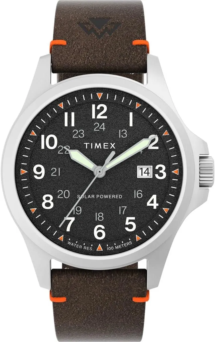 cabbage Men's Expedition North Field Solar 41mm Watch - Brown Strap Black Dial Stainless Steel Case Timex 