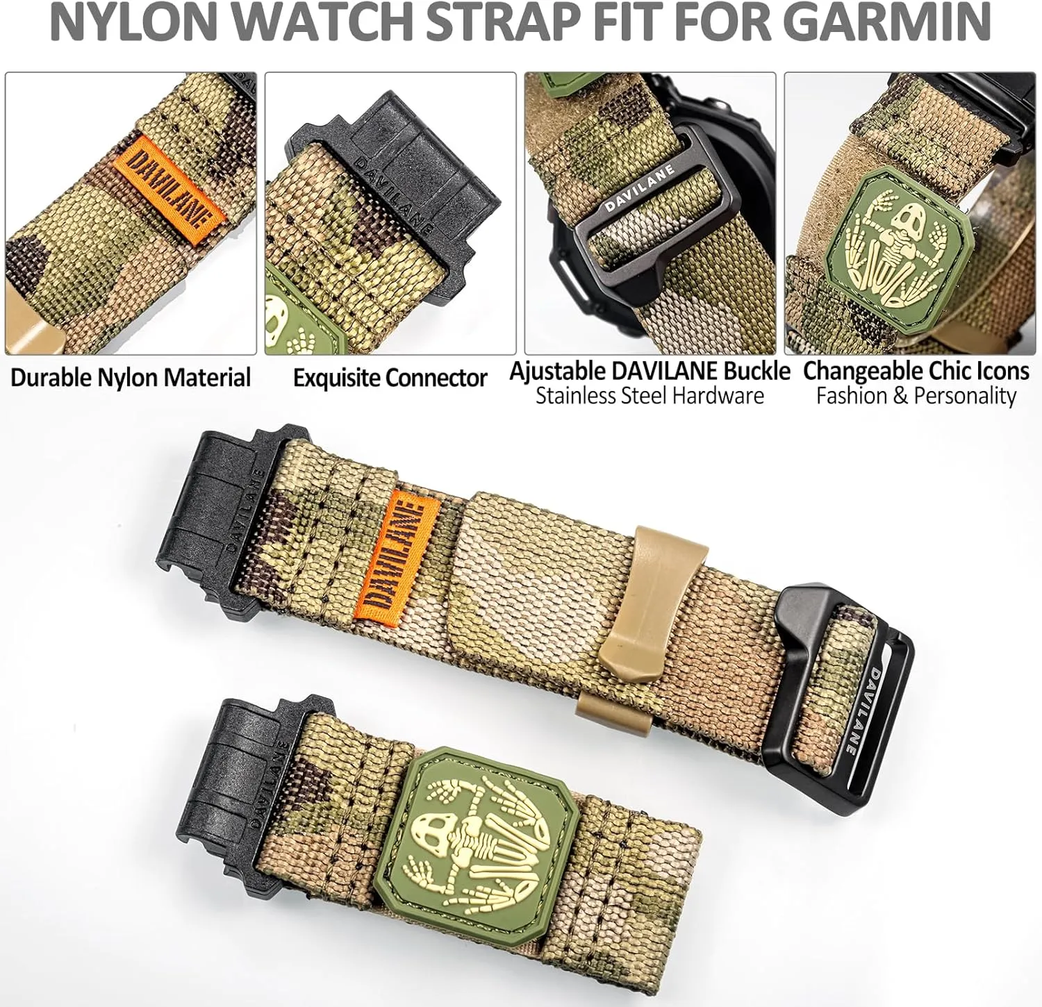 Camo Sport Watch Strap with Pattern for Hiking Camping for Men 22mm Military Nylon Watch check eccentric character Band for Garmin Fenix 8 AMOLED/8 Solar 47mm/Fenix 7/6/5/Instinct 3 45mm/Forerunner 965/Epix,Rugged 