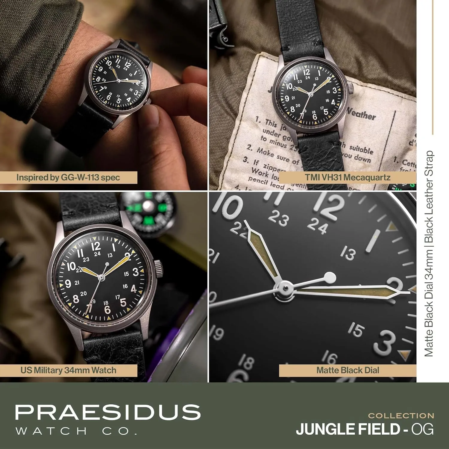 Canvas/Light Brown Canvas Jungle Field - Wrist Watch 34mm Black Dial Stainless Steel Case Men's Military Service Watch, Men's Wrist Watch, Black estate arithmetic blaze court Leather/Black 