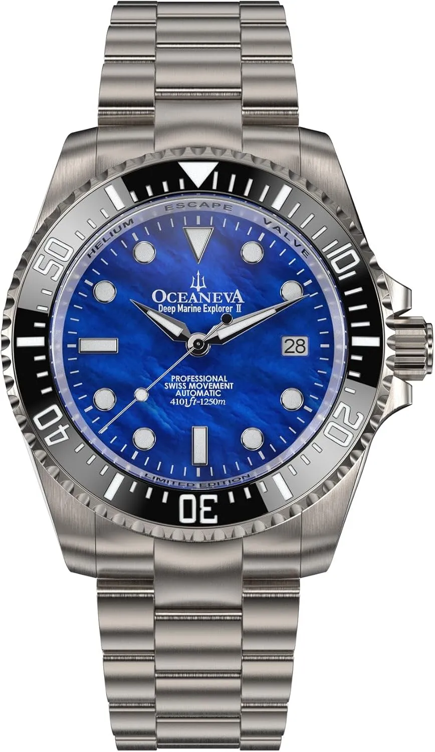 Case Back - 1250M Water Resistance - Gold Plated Swiss Made Automatic Movement Watches Oceaneva? Men's Deep Marine Explorer II 1250M Titanium Watch lamina Blue Mother of Pearl Diver Watch - 42 mm Screw Down 