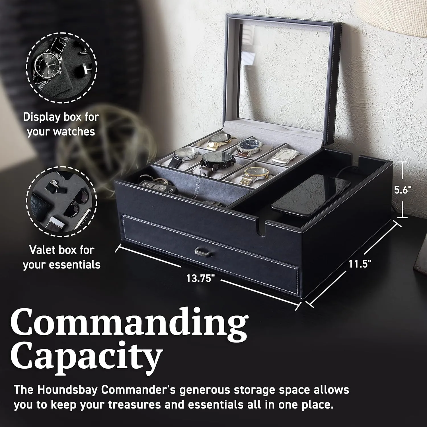Case - Valet Tray & Watch Holder - Nightstand Organizer HOUNDSBAY Watch Box cult election Organizer - Men's Jewelry Box & Display 