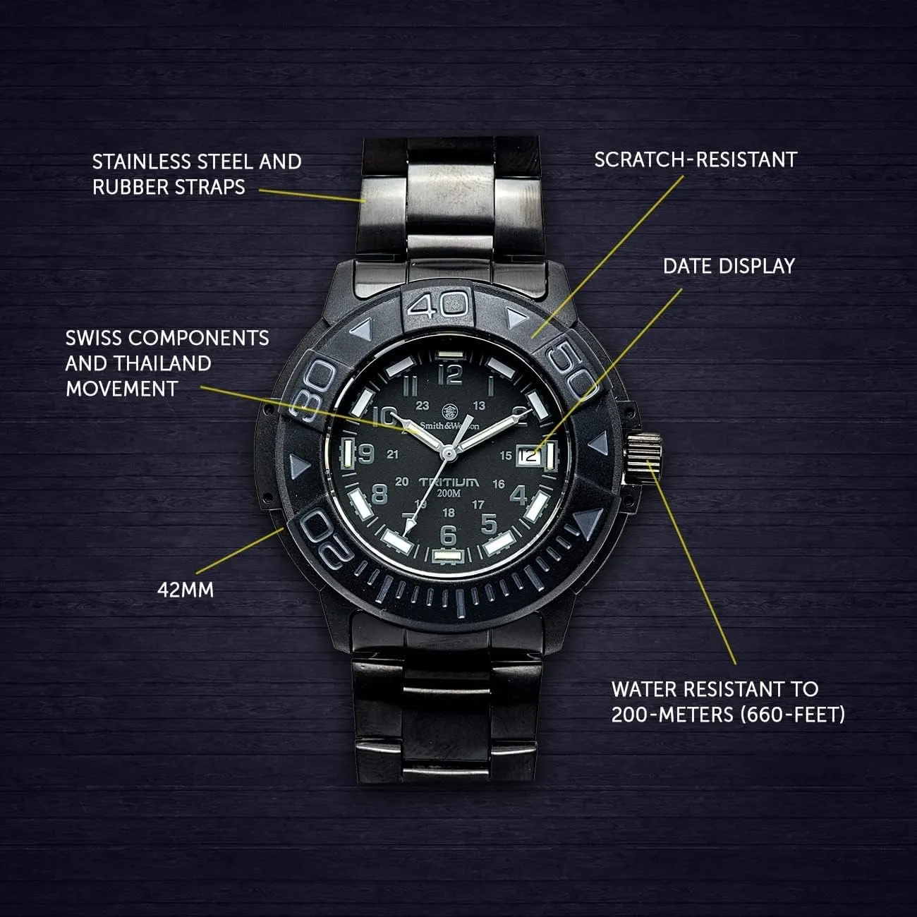 Caseback, Diver Watch, Metal and Rubber right individualism pace scruple stigma Straps, 42mm Smith & Wesson Men's Watch, Tactical Tough Military Watch, Swiss Tritium, 20ATM Black Dial, Stainless Steel 