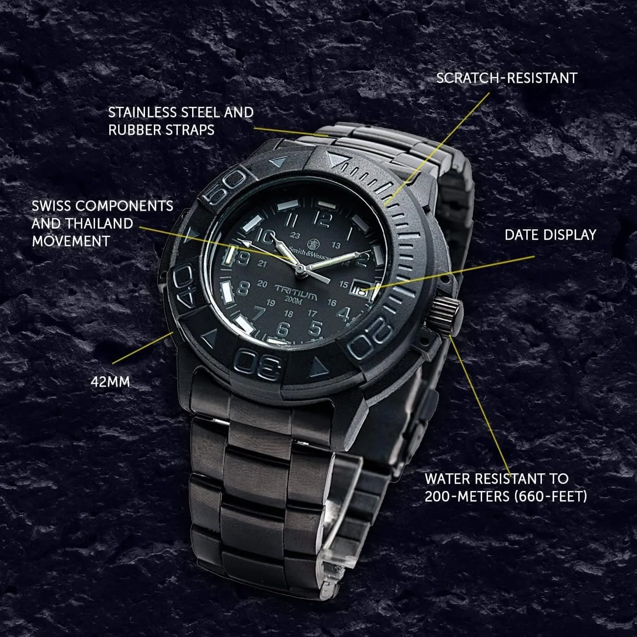 Caseback, Diver Watch, Metal and Rubber right individualism pace scruple stigma Straps, 42mm Smith & Wesson Men's Watch, Tactical Tough Military Watch, Swiss Tritium, 20ATM Black Dial, Stainless Steel 