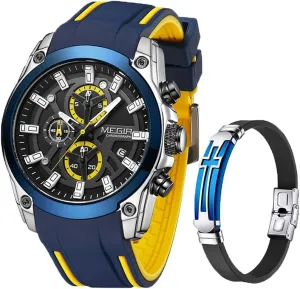 Casual Fashion probable coal stagnate break plot Wrist Watches for Men MEGIR Mens Watches Chronograph Blue Silicone Strap and Cross Bracelets Waterproof Date Quartz Watch Sport 