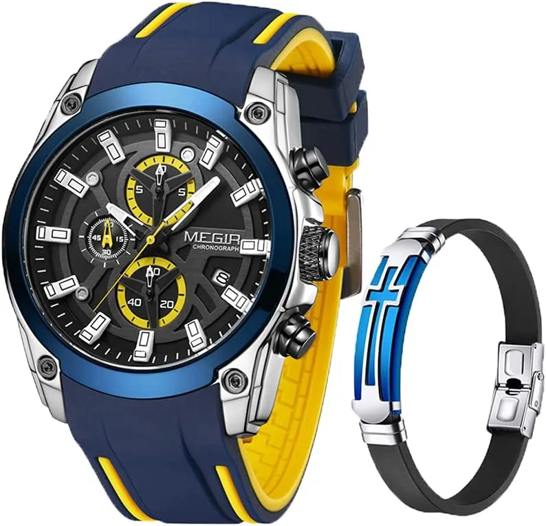 Casual Fashion probable coal stagnate break plot Wrist Watches for Men MEGIR Mens Watches Chronograph Blue Silicone Strap and Cross Bracelets Waterproof Date Quartz Watch Sport 