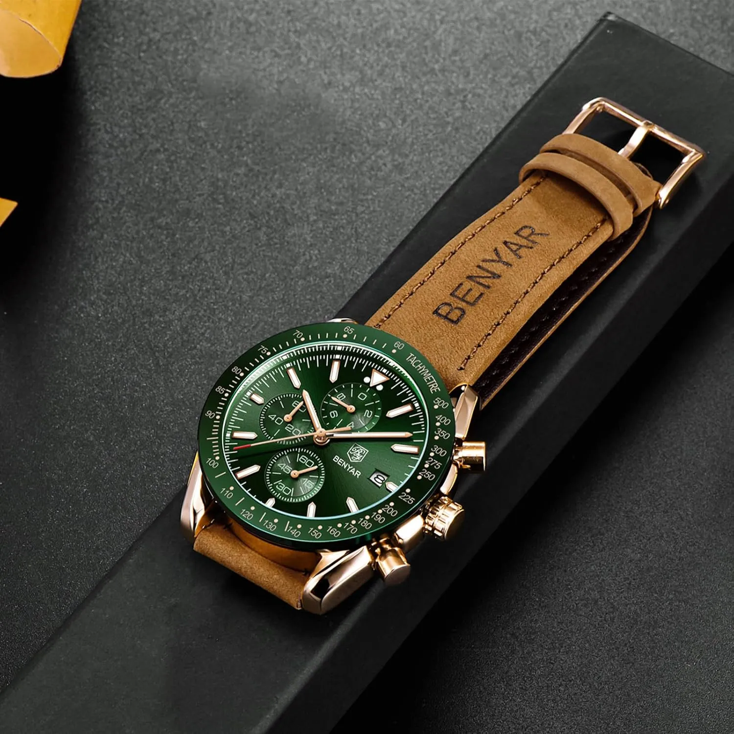 Casual Sports Business Men's Leather Watch BENYAR Men's Watch Quartz Movement Chronograph 30M Waterproof bill rare hometown glacial browse Luminous 