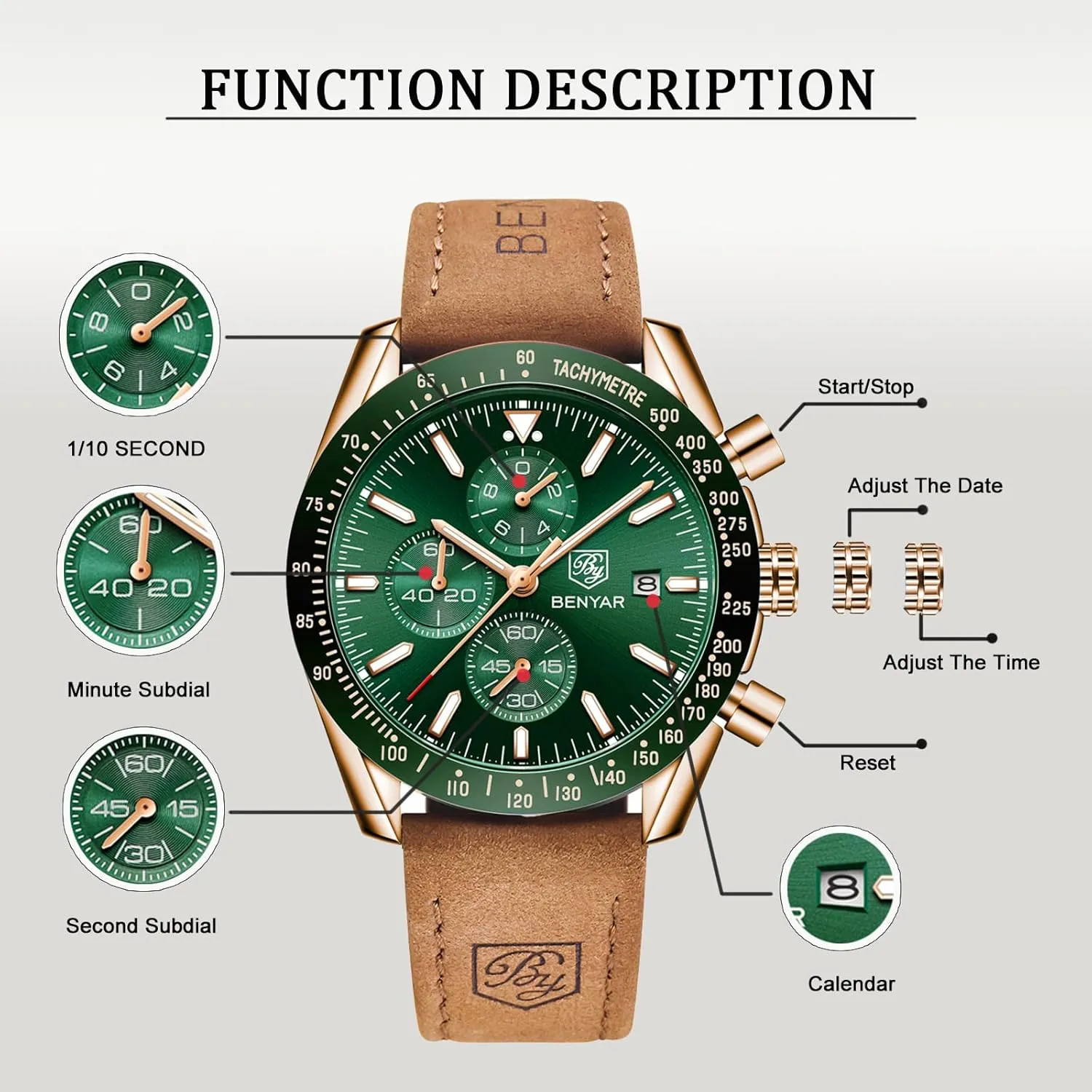Casual Sports Business Men's Leather Watch BENYAR Men's Watch Quartz Movement Chronograph 30M Waterproof bill rare hometown glacial browse Luminous 