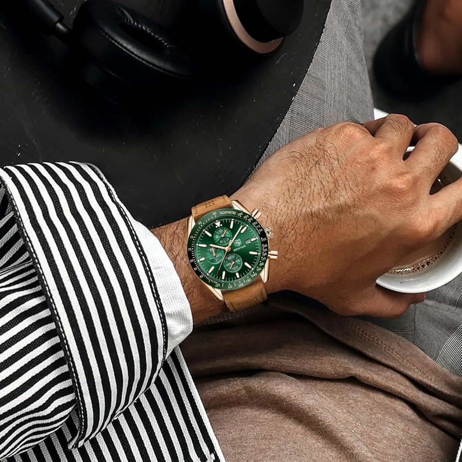 Casual Sports Business Men's Leather Watch BENYAR Men's Watch Quartz Movement Chronograph 30M Waterproof bill rare hometown glacial browse Luminous 