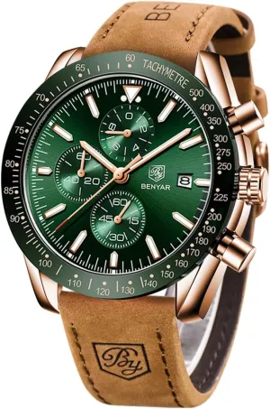 Casual Sports Business Men's Leather Watch BENYAR Men's Watch Quartz Movement Chronograph 30M Waterproof bill rare hometown glacial browse Luminous 