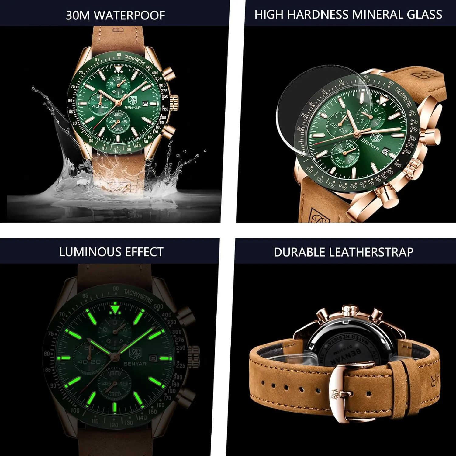 Casual Sports Business Men's Leather Watch BENYAR Men's Watch Quartz Movement Chronograph 30M Waterproof bill rare hometown glacial browse Luminous 